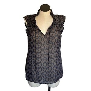 Navy Tan Floral Sheer Ruffle Neck Tie Front Sleeveless Blouse Womens Top M